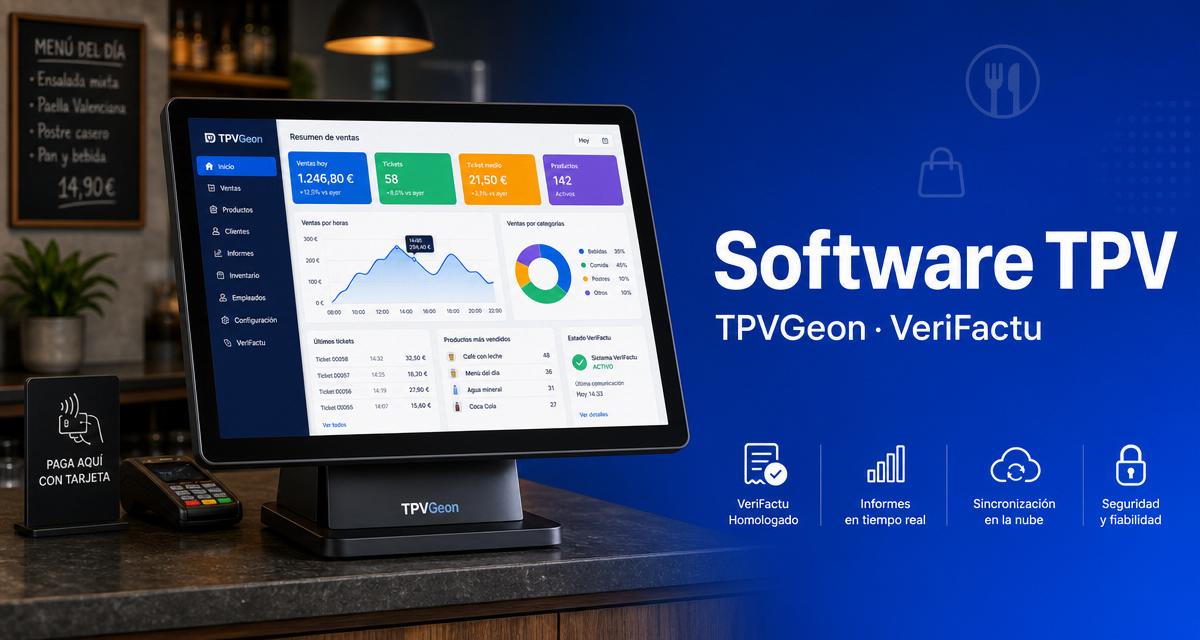 Software TPV TPVGeon en TPV táctil mostrando panel de ventas y VeriFactu